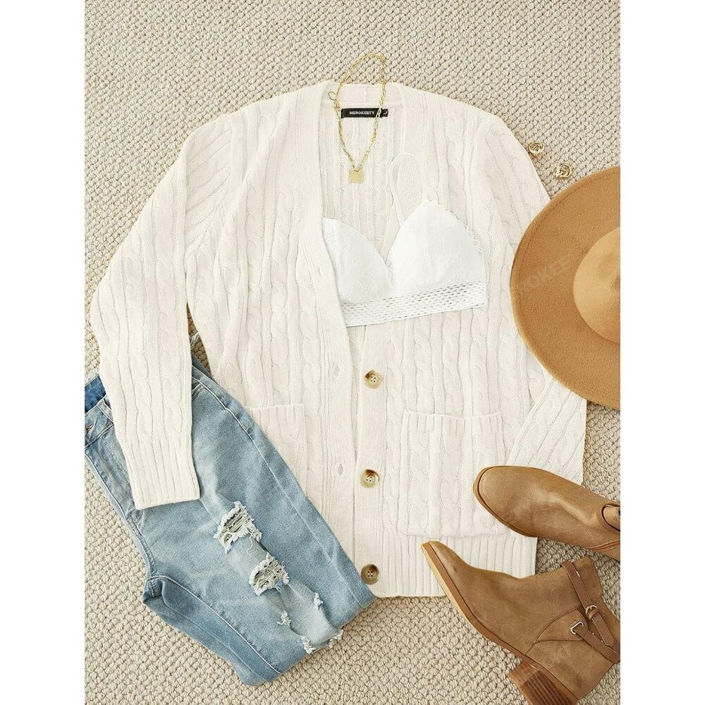 Women's Acrylic Cable Knit Cardigan Medium Open Front Warm Casual Coat - Picture 6 of 9